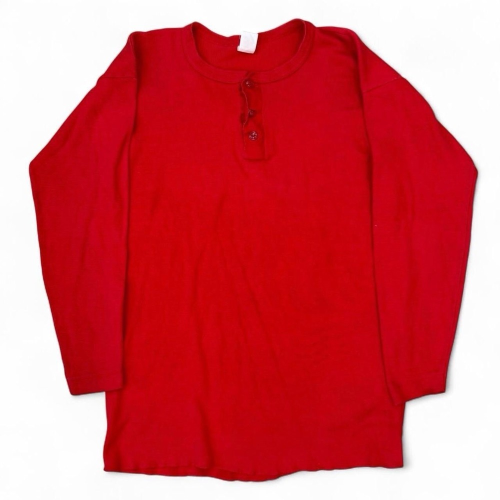 Vintage Healthknit Henley Waffle Knit Thermal Red Shirt Men's XL Made In USA 80s
